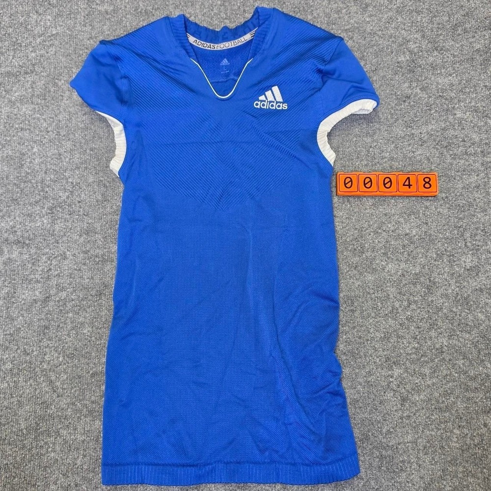 Adidas blue football shirt with white accents, size L